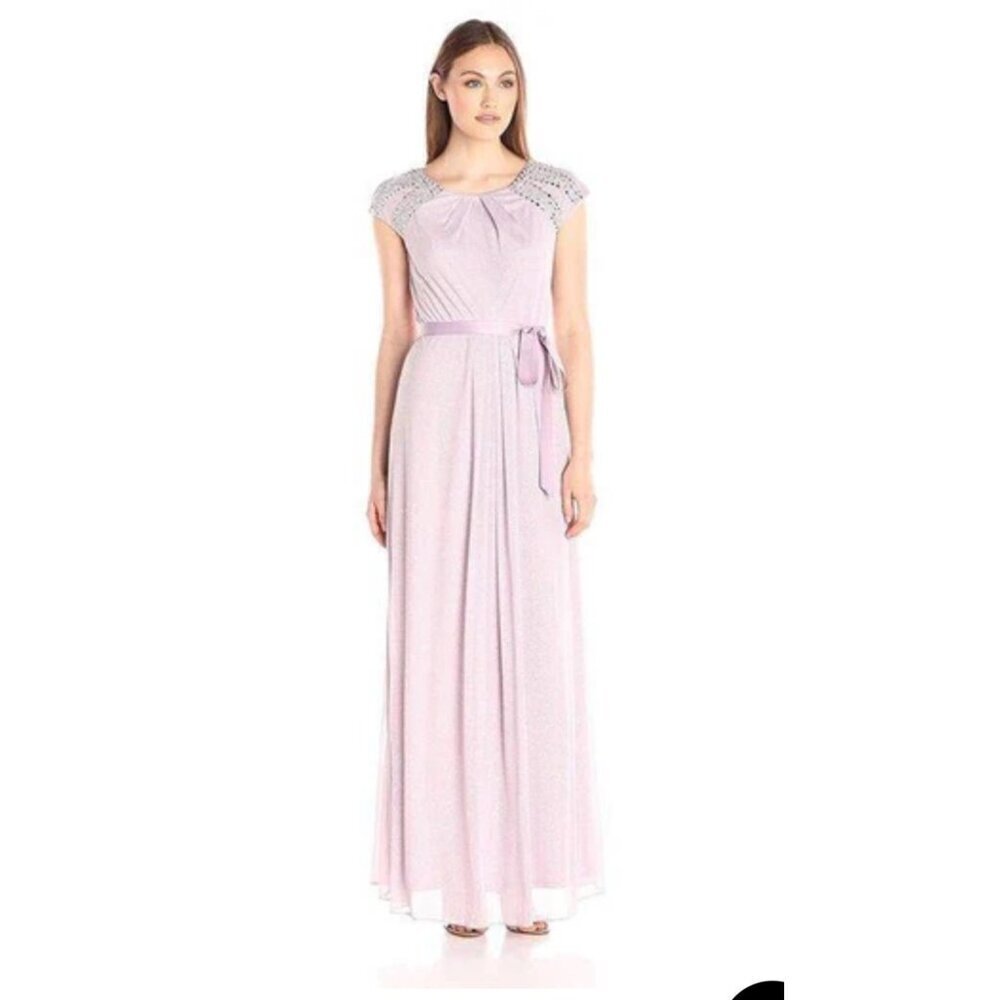 Alex Evenings dress maxi party princess satin ribbon tie belt crystal bead